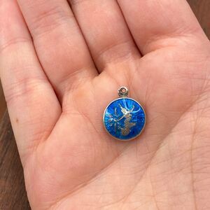 Vintage 925 Sterling Blue Enamel Niello Hindu Goddess Bubble Pendant Charm